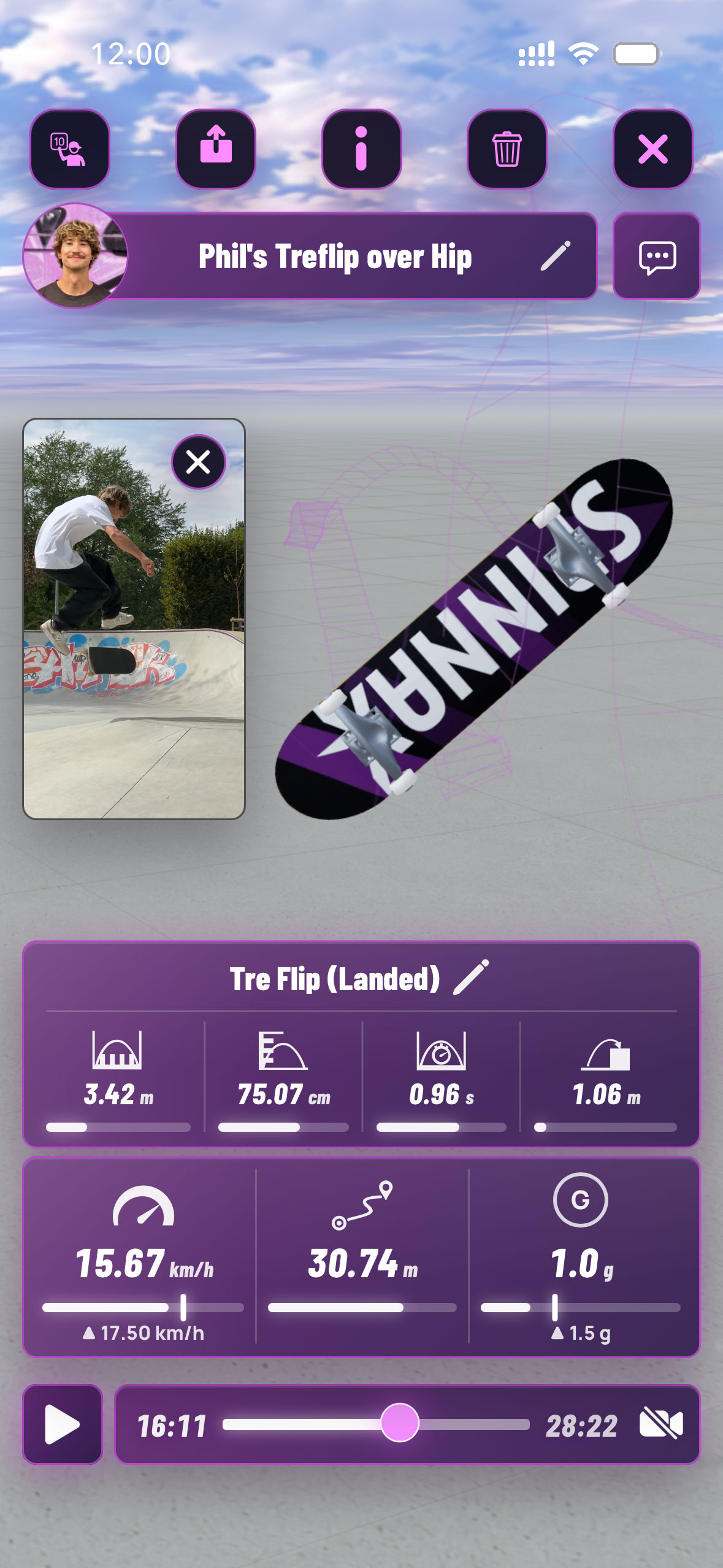 3D-Replay eines aufgezeichneten Skateboard-Tricks