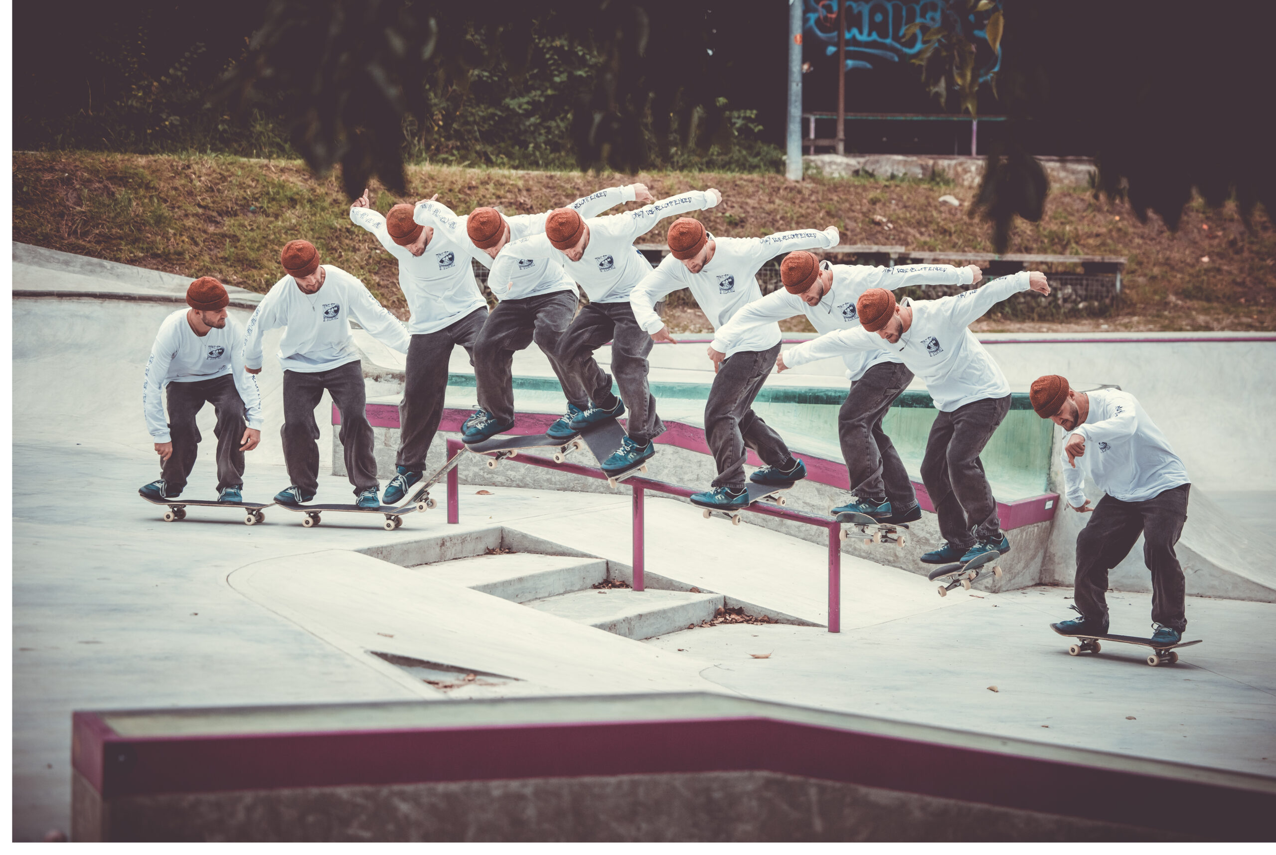 Original skateboard trick sequence on a rail